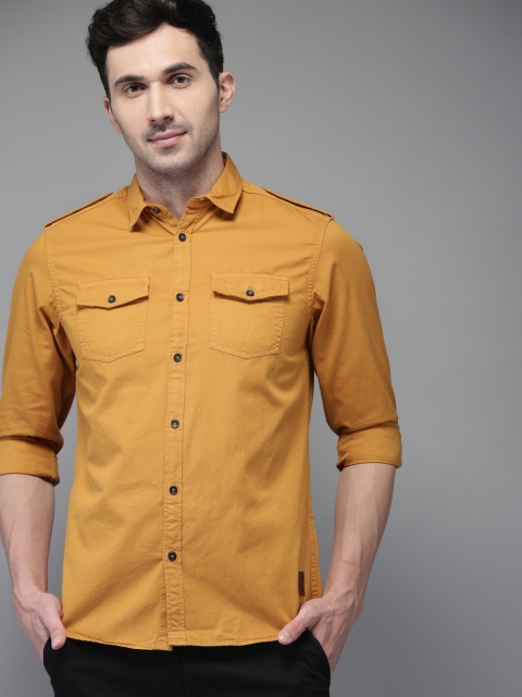 

THE BEAR HOUSE Men Mustard Yellow Slim Fit Solid Casual Shirt