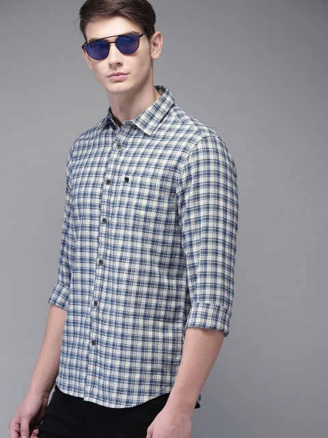 

THE BEAR HOUSE Men Grey & Teal Blue Slim Fit Checked Casual Shirt