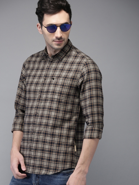 

THE BEAR HOUSE Men Grey Melange & Navy Blue Slim Fit Checked Casual Shirt