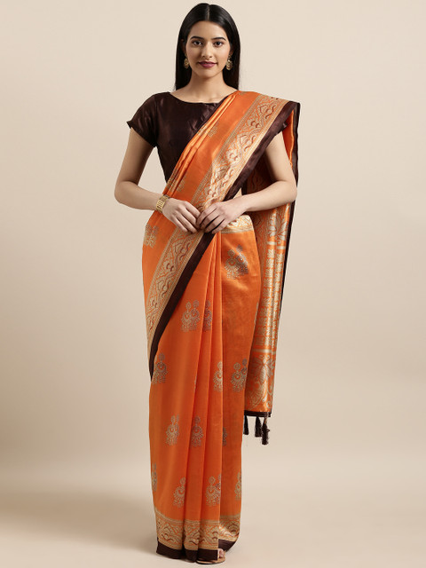 

Shaily Orange & Coffee Brown Silk Blend Printed Banarasi Saree