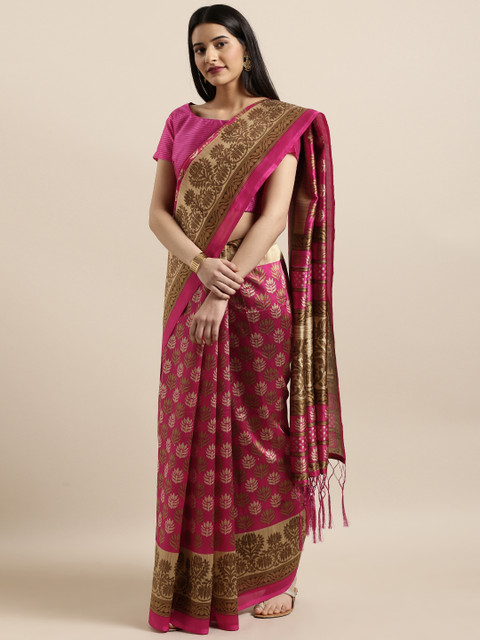 

Shaily Pink & Brown Silk Blend Printed Banarasi Saree