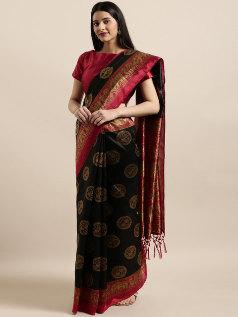 

Shaily Black & Maroon Silk Blend Printed Banarasi Saree