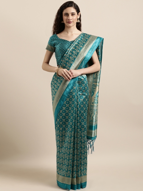 

Shaily Green Silk Blend Printed Banarasi Saree