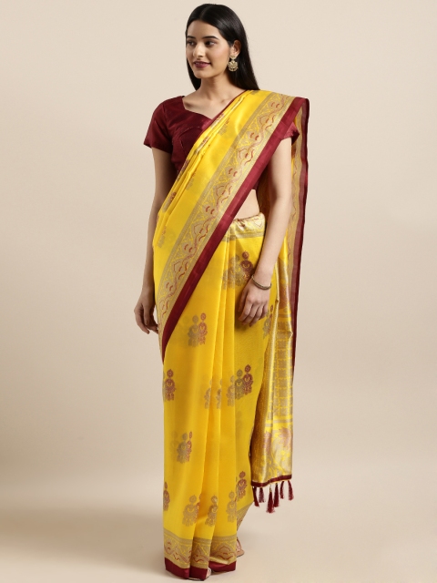

Shaily Yellow & Maroon Silk Blend Printed Banarasi Saree