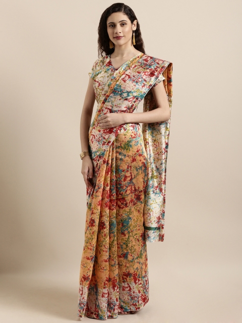 

Shaily Orange & Teal Blue Art Silk Printed Mysore Silk Saree