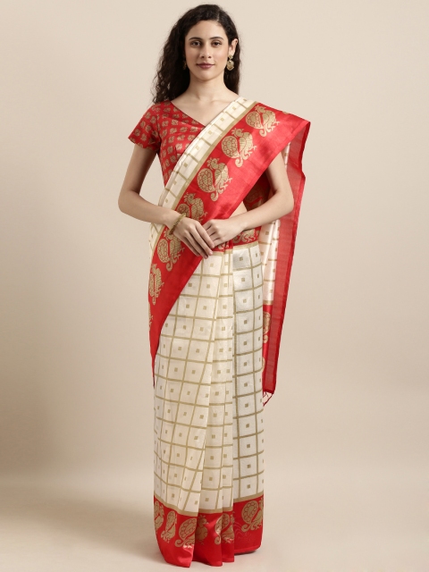 

Shaily Off-White & Red Art Silk Checked Mysore Silk Saree