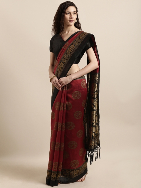 

Shaily Maroon & Black Silk Blend Printed Banarasi Saree