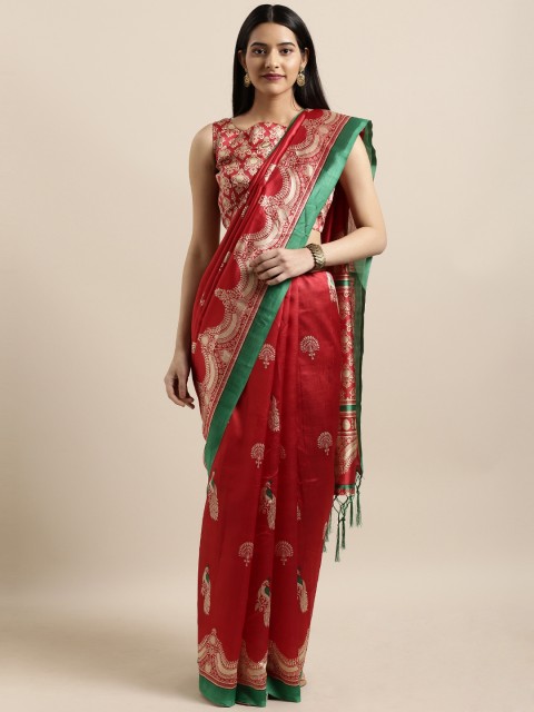 

Shaily Red & Green Silk Blend Printed Banarasi Saree