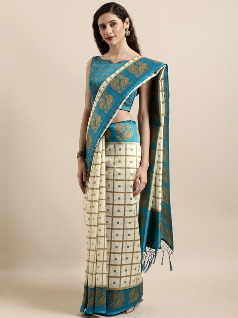 

Shaily Off-White & Turquoise Blue Art Silk Checked Mysore Silk Saree