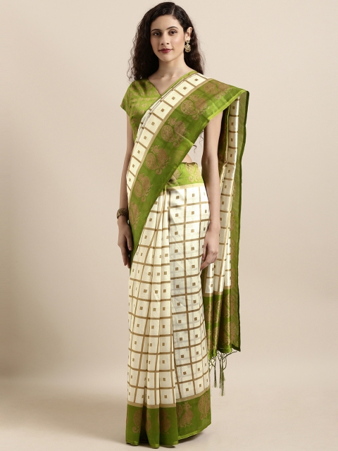 

Shaily Off-White & Green Art Silk Checked Mysore Silk Saree