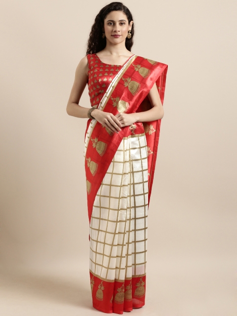

Shaily Off-White & Red Art Silk Checked Mysore Silk Saree