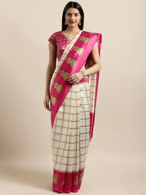 

Shaily Off-White & Pink Checked Art Silk Mysore Silk Saree