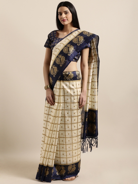 

Shaily Off-White & Blue Art Silk Checked Mysore Silk Saree