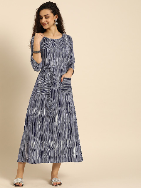 

IMARA Women Navy Blue Striped A-Line Dress