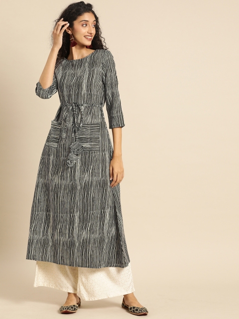 

IMARA Women Black & White Striped A-Line Kurta With Tie-Ups