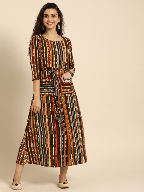 

IMARA Women Multicoloured Striped Fit and Flare Dress, Multi