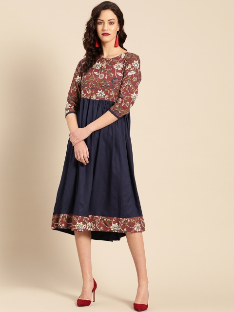 

IMARA Women Navy Blue & Maroon Floral Print Detail A-Line Dress