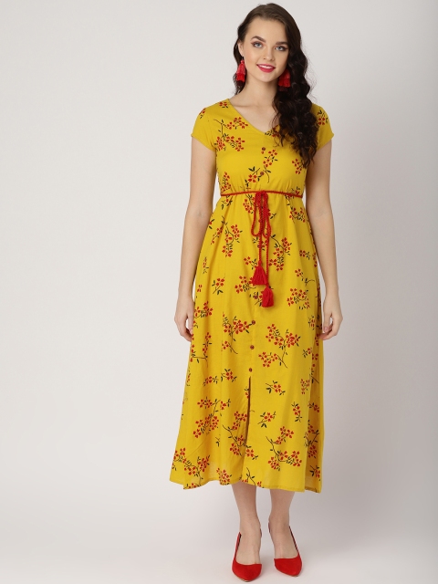 

IMARA Women Mustard Yellow & Red Floral Printed A-Line Dress