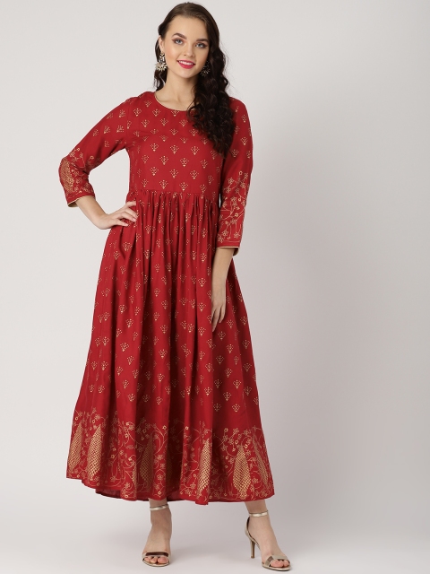 

IMARA Women Maroon & Golden Printed Maxi Dress