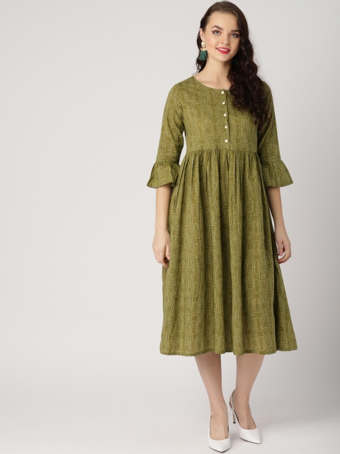 

IMARA Women Green & Off-White Printed A-Line Dress