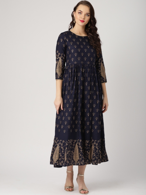 

IMARA Women Navy Blue & Golden Printed Maxi Dress