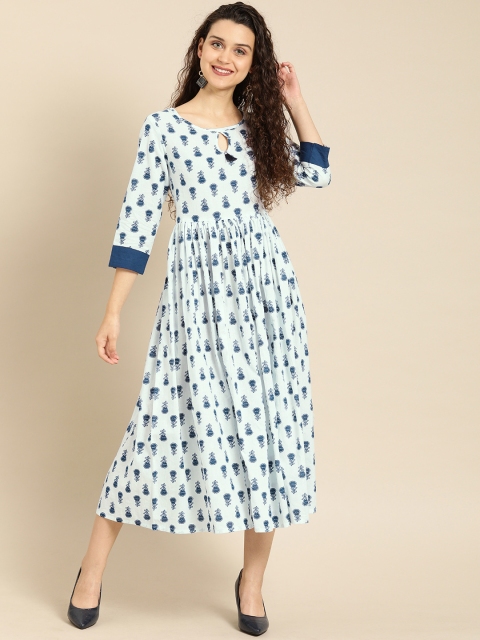 

IMARA Women Off-White & Blue Floral Printed Fit and Flare Dress