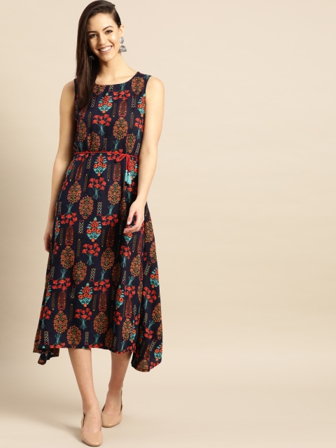 

IMARA Women Navy Blue & Red Floral Printed A-Line Dress