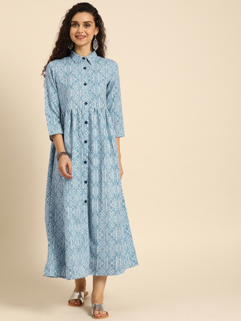 

IMARA Women Blue Printed Shirt Dress