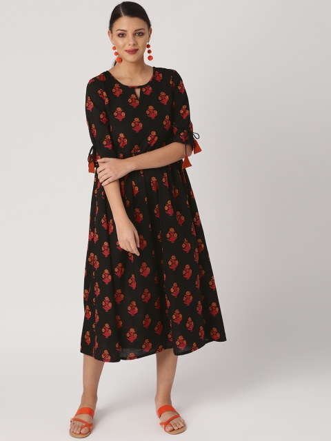 

IMARA Women Black & Red Floral Print A-Line Dress