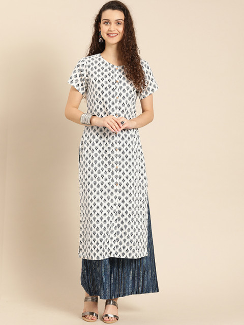 

IMARA Women White & Navy Blue Printed Kurta with Palazzos