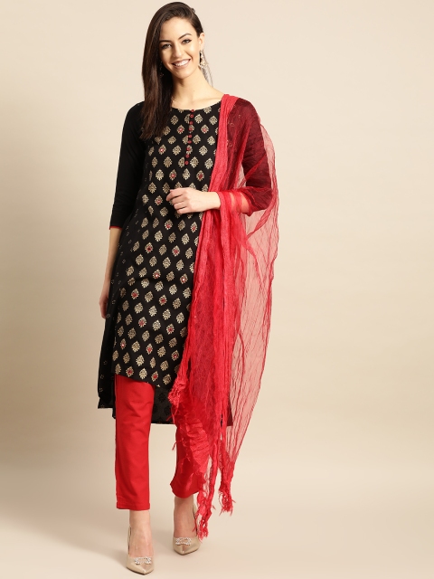 

IMARA Women Black & Red Printed Kurta with Trousers & Dupatta