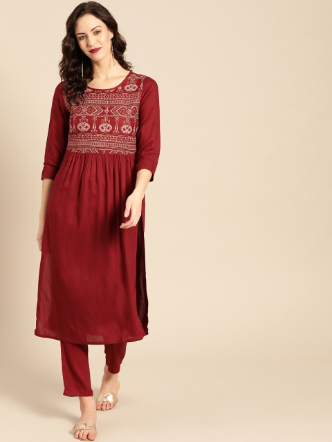 

IMARA Women Maroon Yoke Design Kurta with Trousers