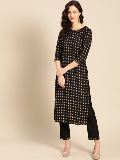 

IMARA Women Black & Golden Printed Kurta with Trousers