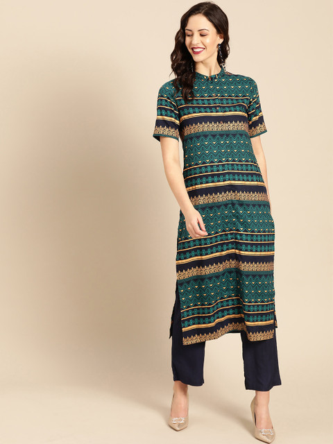 

IMARA Women Green & Navy Blue Printed Kurta with Trousers