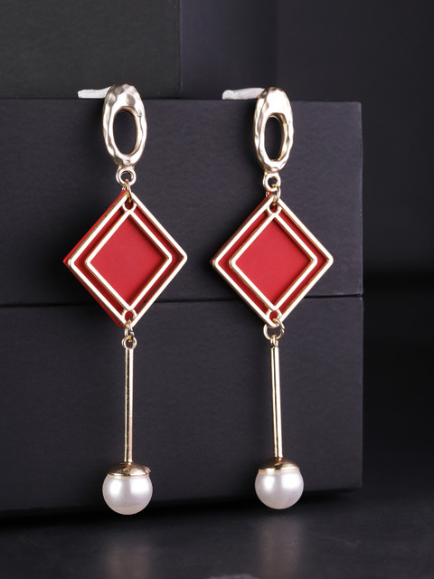 

Carlton London Red & Off-White Gold-Plated Geometric Drop Earrings