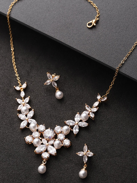

Carlton Landon Off-White Gold-Plated CZ Studded & Beaded Jewellery Set