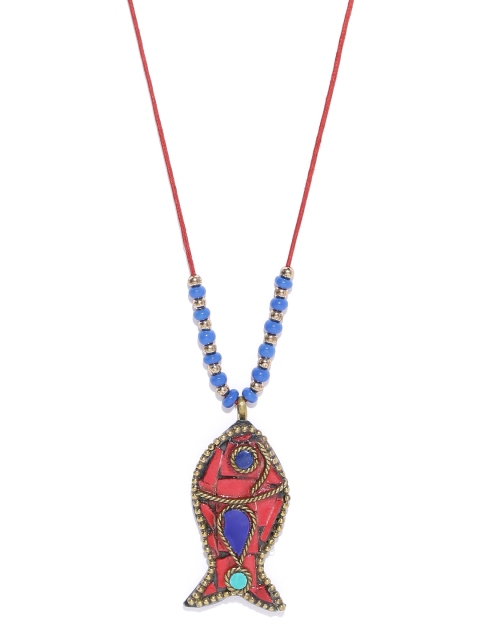 

Carlton London Red & Blue Antique Gold-Plated Mosaic Detail Fish Shaped Necklace