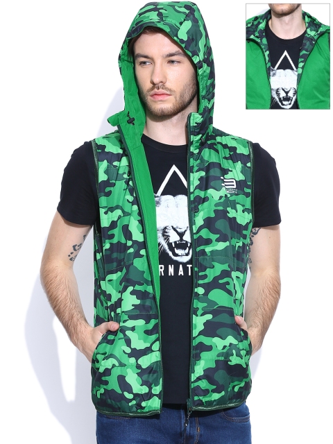 

Jack & Jones Green Printed Reversible Hooded Sleeveless Jacket