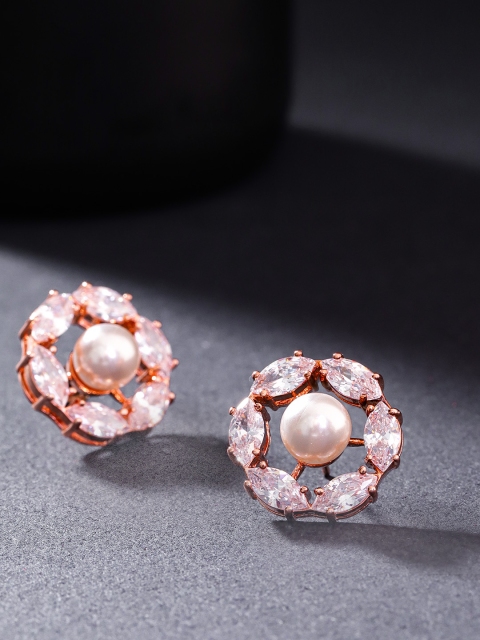 

Carlton London White Rose Gold-Plated Stone Studded & Beaded Circular Oversized Studs