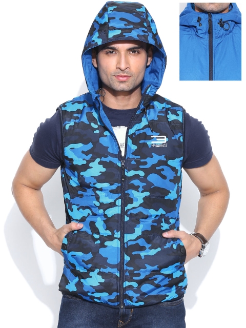 

Jack & Jones Blue Printed Reversible Hooded Sleeveless Jacket