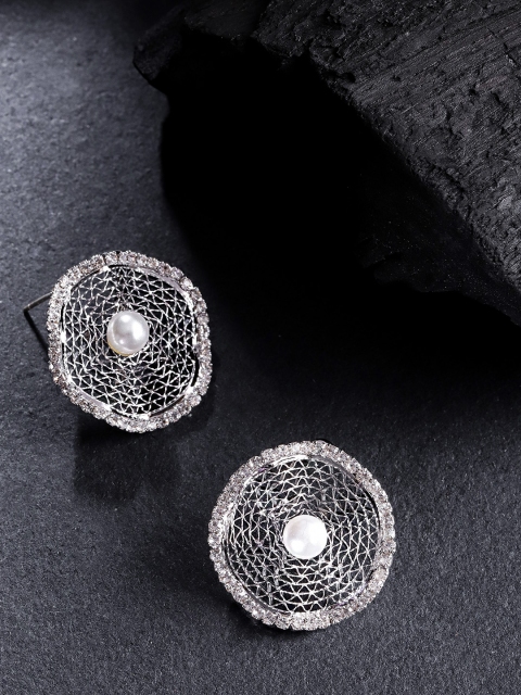 

Carlton London Silver-Toned Rhodium-Plated CZ Studded & Beaded Circular Oversized Studs