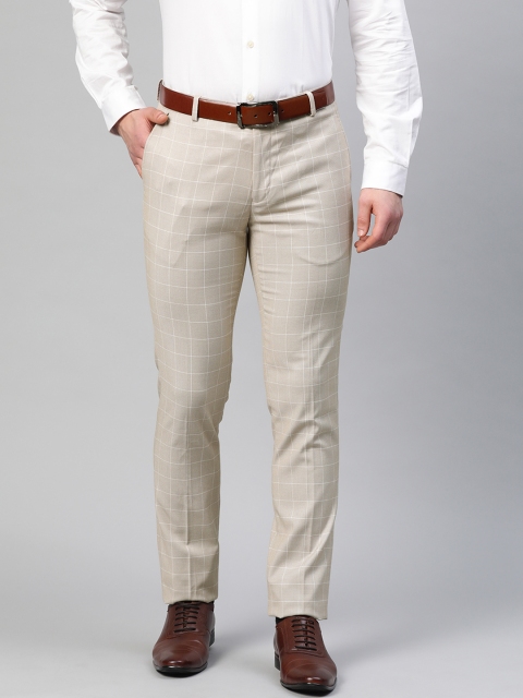 

Blackberrys Men Beige & White Slim Fit Checked Formal Trousers