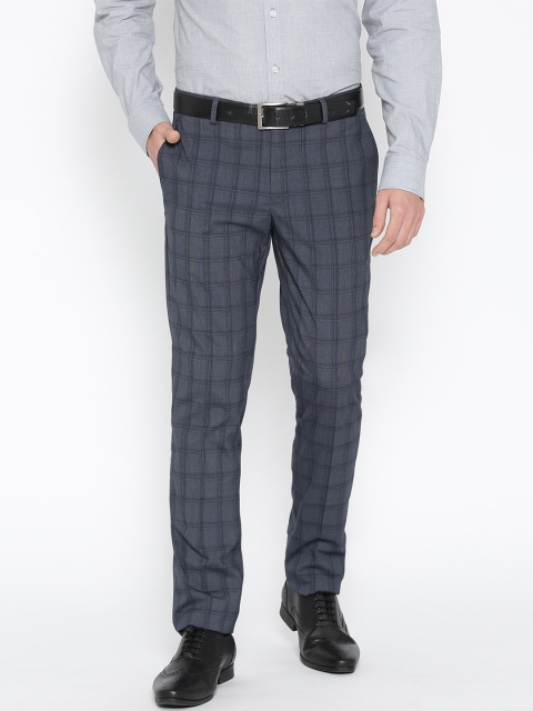 

Blackberrys Men Navy Blue Sharp Slim Fit Checked Formal Trousers