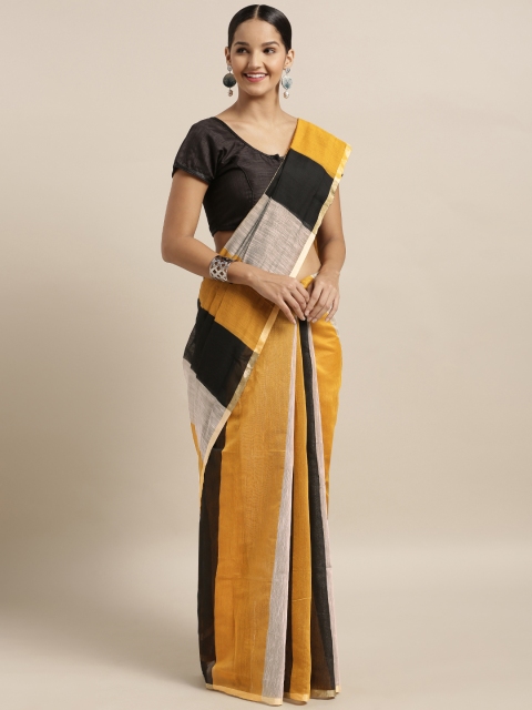 

Mitera Orange & Black Linen Blend Colourblocked Bhagalpuri Saree