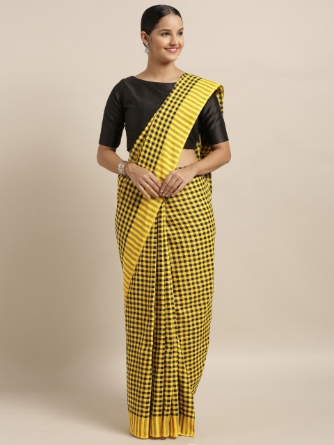 

Mitera Yellow & Black Linen Blend Checked Bhagalpuri Saree