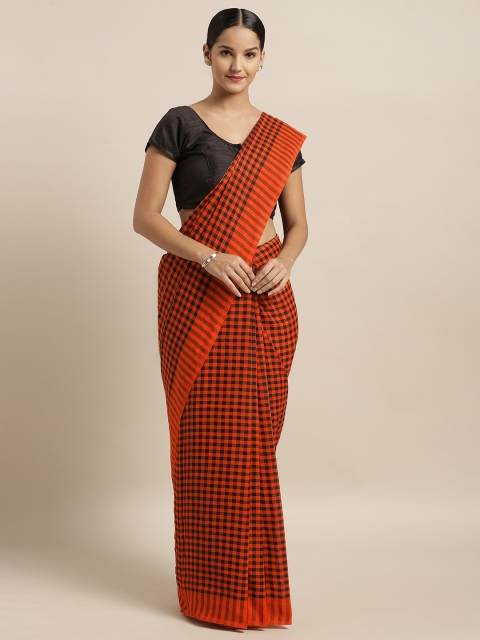 

Mitera Orange & Black Linen Blend Checked Bhagalpuri Saree