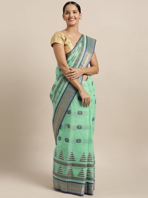 

Mitera Sea Green & Navy Blue Pure Cotton Woven Design Taant Saree