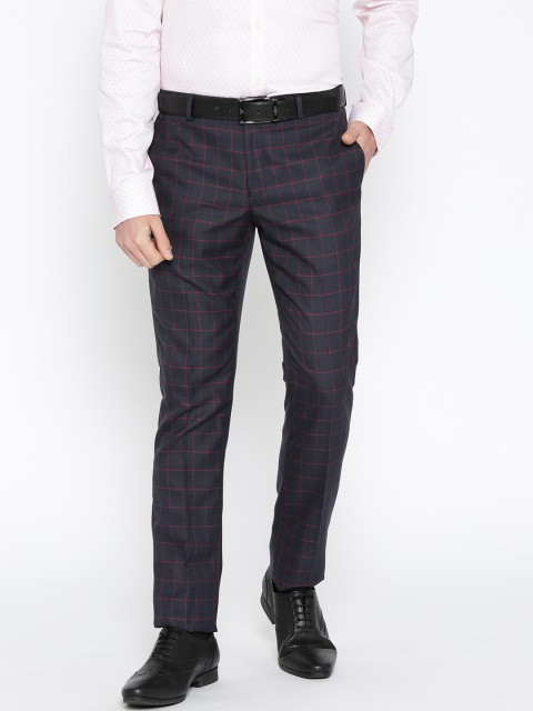 

Blackberrys Men Navy Blue & Red Sharp Slim Fit Checked Formal Trousers