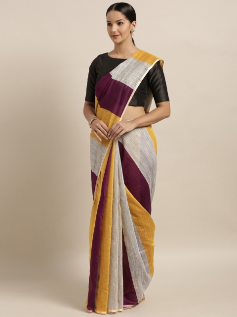 

Mitera Mustard Yellow & Grey Linen Blend Colourblocked Bhagalpuri Saree