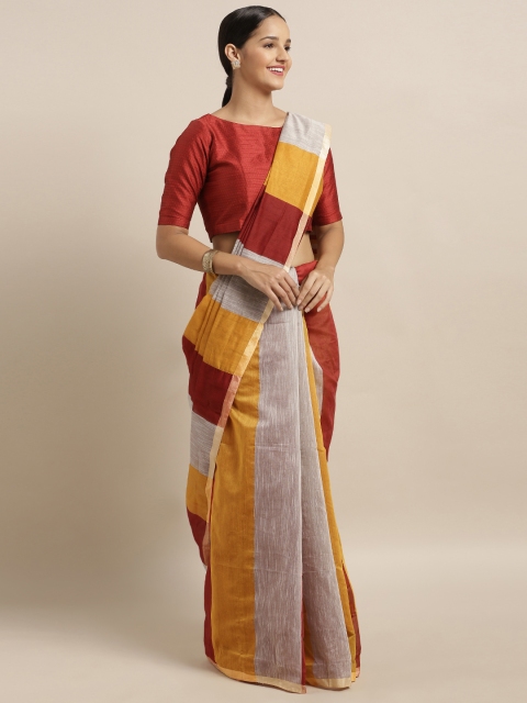 

Mitera Red & Mustard Yellow Linen Blend Woven Design Bhagalpuri Saree